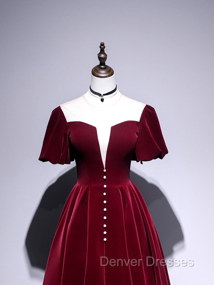 A line Velvet Tea Length Prom Dress, Burgundy Velvet Bridesmaid Dress