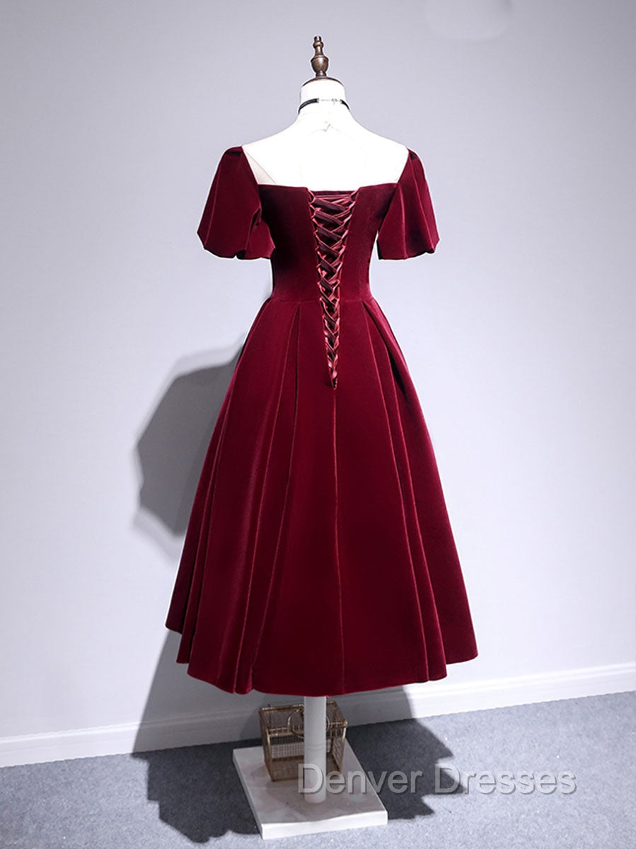 A line Velvet Tea Length Prom Dress, Burgundy Velvet Bridesmaid Dress