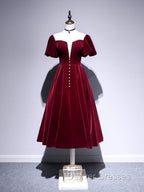 A line Velvet Tea Length Prom Dress, Burgundy Velvet Bridesmaid Dress