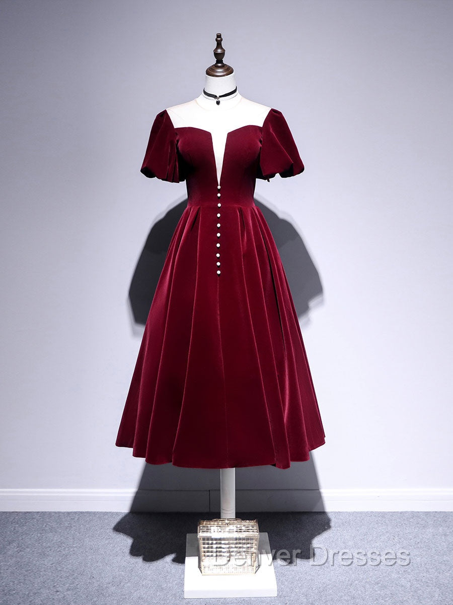 A line Velvet Tea Length Prom Dress, Burgundy Velvet Bridesmaid Dress