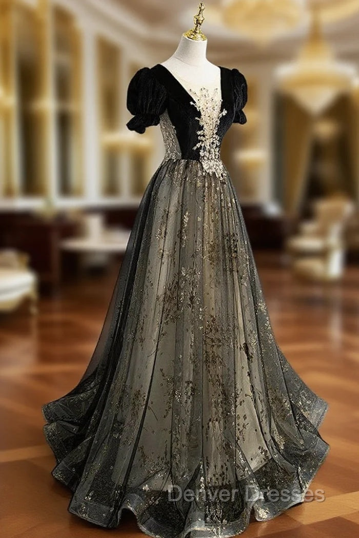 A line Velvet Tulle Lace Black Long Prom Dress, Black Formal Graduation Dress Main image