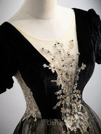 A line Velvet Tulle Lace Black Long Prom Dress, Black Formal Graduation Dress