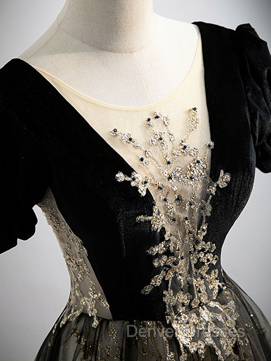 A line Velvet Tulle Lace Black Long Prom Dress, Black Formal Graduation Dress