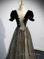 A line Velvet Tulle Lace Black Long Prom Dress, Black Formal Graduation Dress