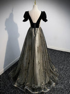 A line Velvet Tulle Lace Black Long Prom Dress, Black Formal Graduation Dress