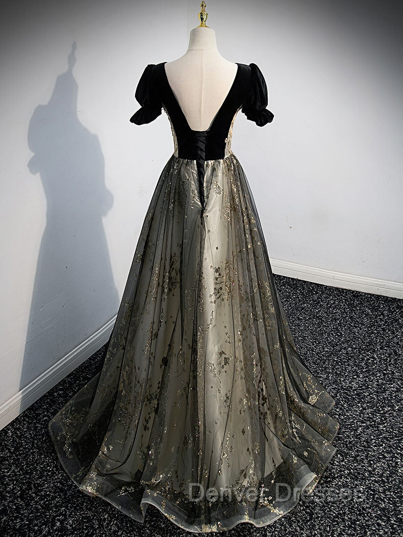 A line Velvet Tulle Lace Black Long Prom Dress, Black Formal Graduation Dress