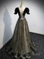 A line Velvet Tulle Lace Black Long Prom Dress, Black Formal Graduation Dress