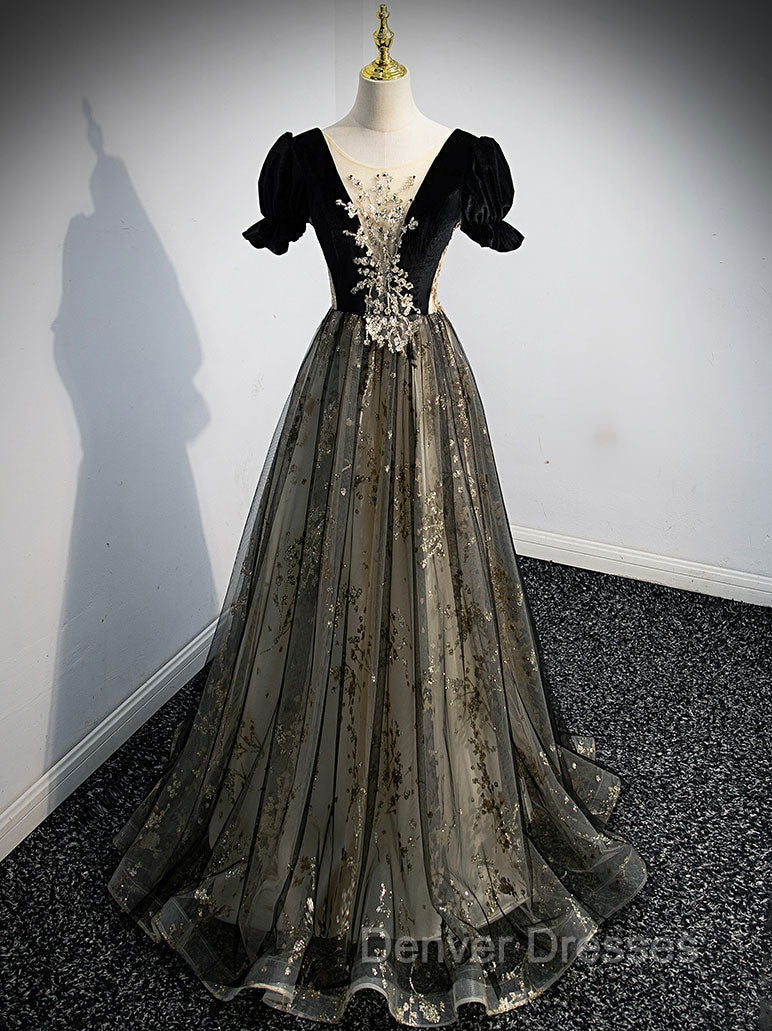 A line Velvet Tulle Lace Black Long Prom Dress, Black Formal Graduation Dress Secondary image