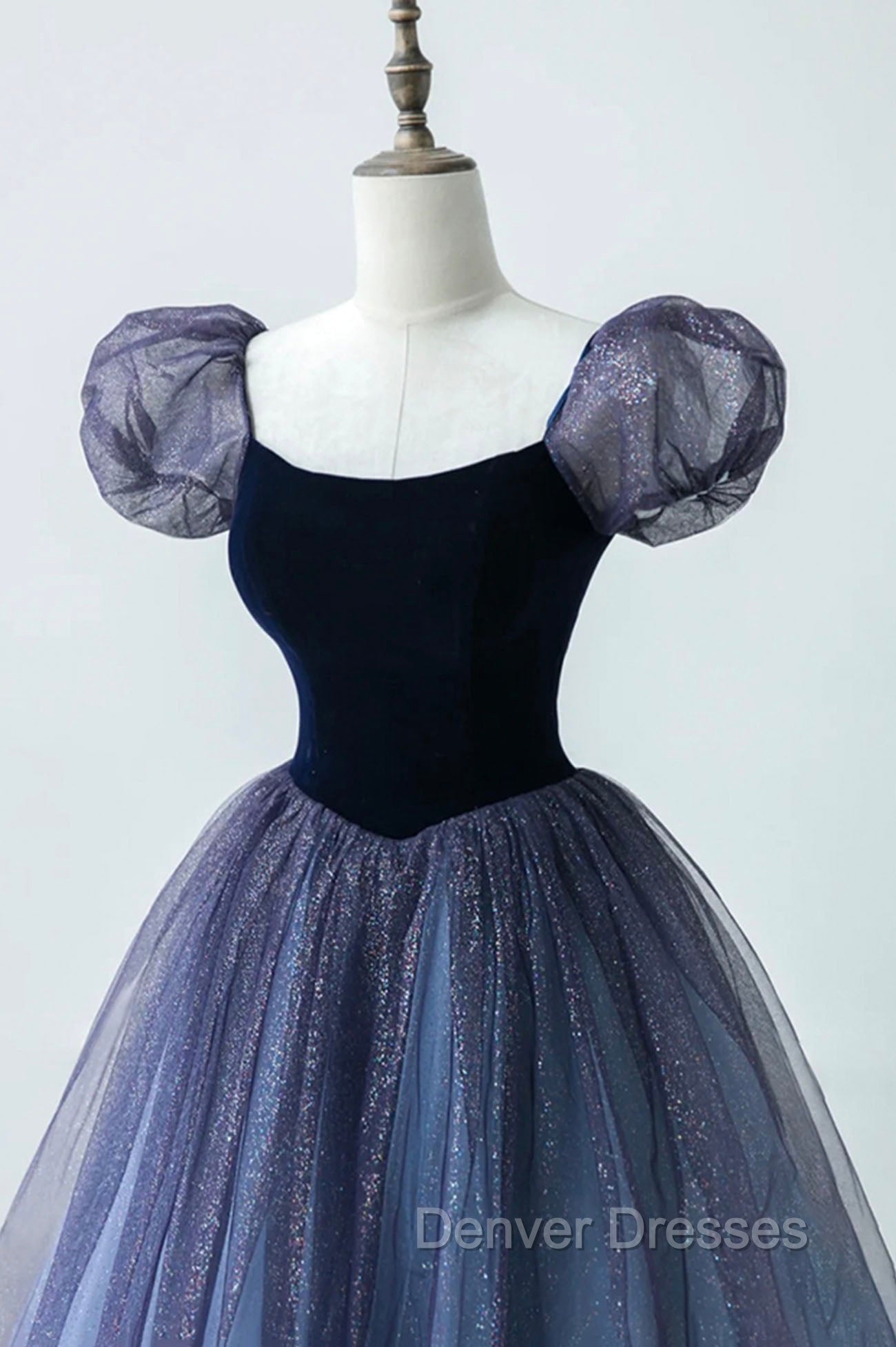 A-Line Velvet Tulle Long Prom Dress, Cute Short Sleeve Evening Party Dress Secondary image