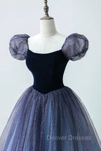 A-Line Velvet Tulle Long Prom Dress, Cute Short Sleeve Evening Party Dress