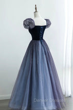 A-Line Velvet Tulle Long Prom Dress, Cute Short Sleeve Evening Party Dress