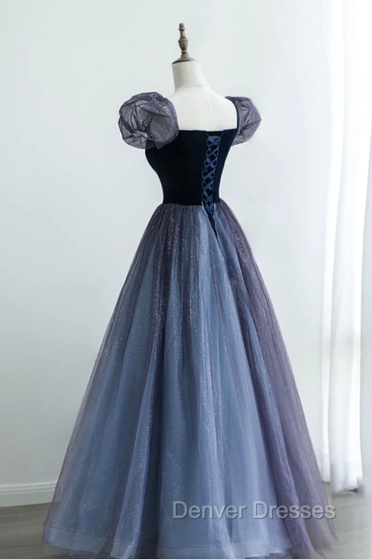 A-Line Velvet Tulle Long Prom Dress, Cute Short Sleeve Evening Party Dress