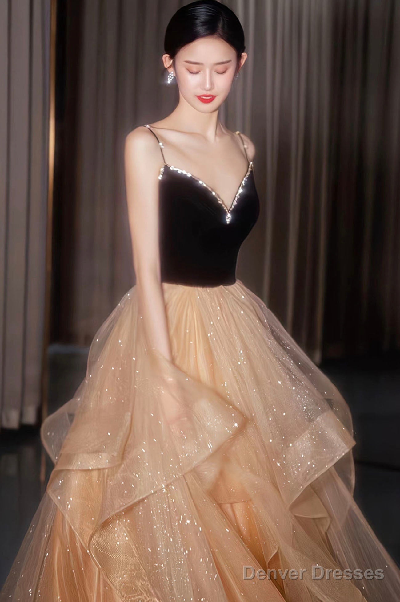 A-Line Velvet Tulle Long Prom Dress, Cute Spaghetti Strap Graduation Dress Secondary image