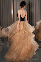 A-Line Velvet Tulle Long Prom Dress, Cute Spaghetti Strap Graduation Dress