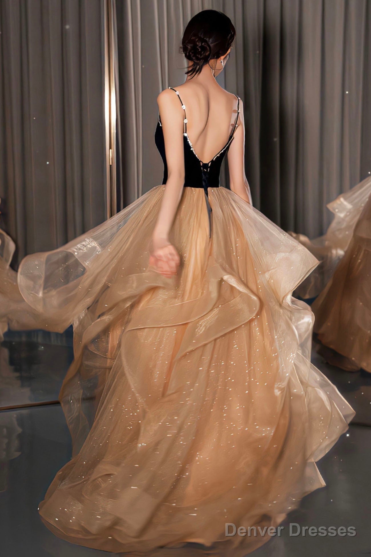 A-Line Velvet Tulle Long Prom Dress, Cute Spaghetti Strap Graduation Dress