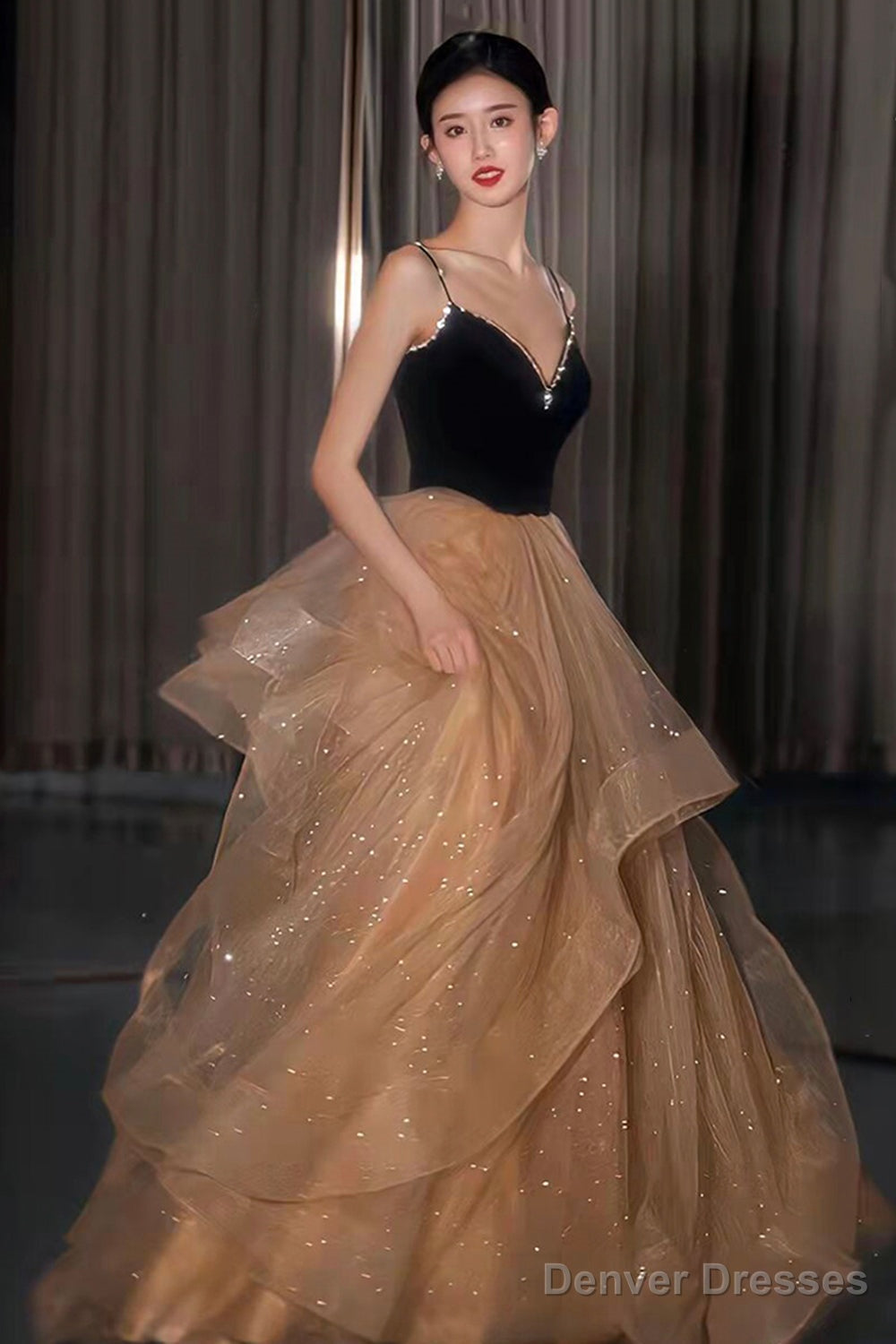 A-Line Velvet Tulle Long Prom Dress, Cute Spaghetti Strap Graduation Dress Main image