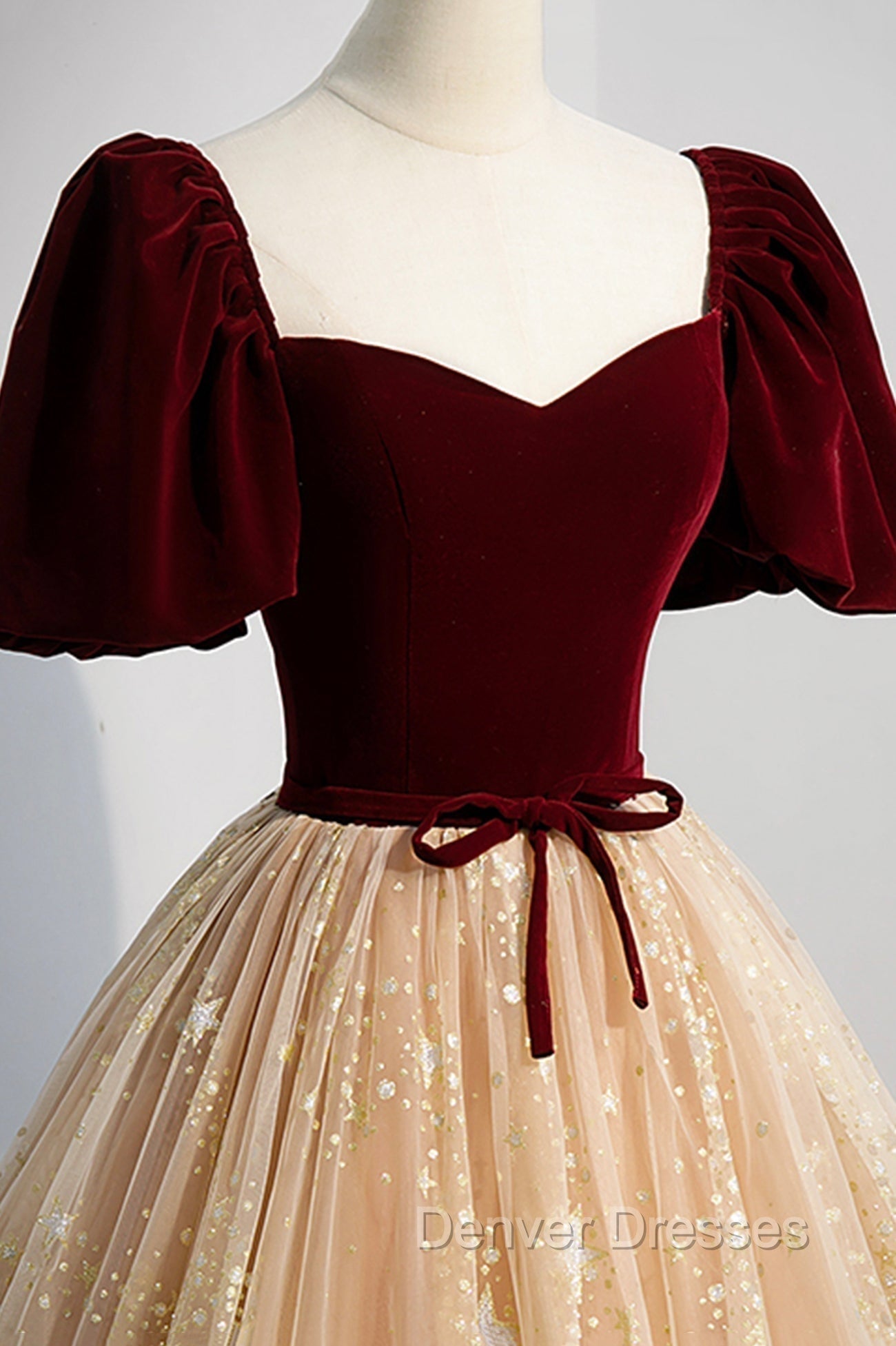 A-Line Velvet Tulle Long Prom Dress, Lovely Short Sleeve Graduation Dress