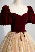 A-Line Velvet Tulle Long Prom Dress, Lovely Short Sleeve Graduation Dress