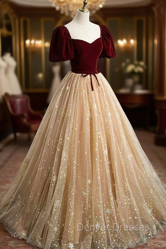 A-Line Velvet Tulle Long Prom Dress, Lovely Short Sleeve Graduation Dress