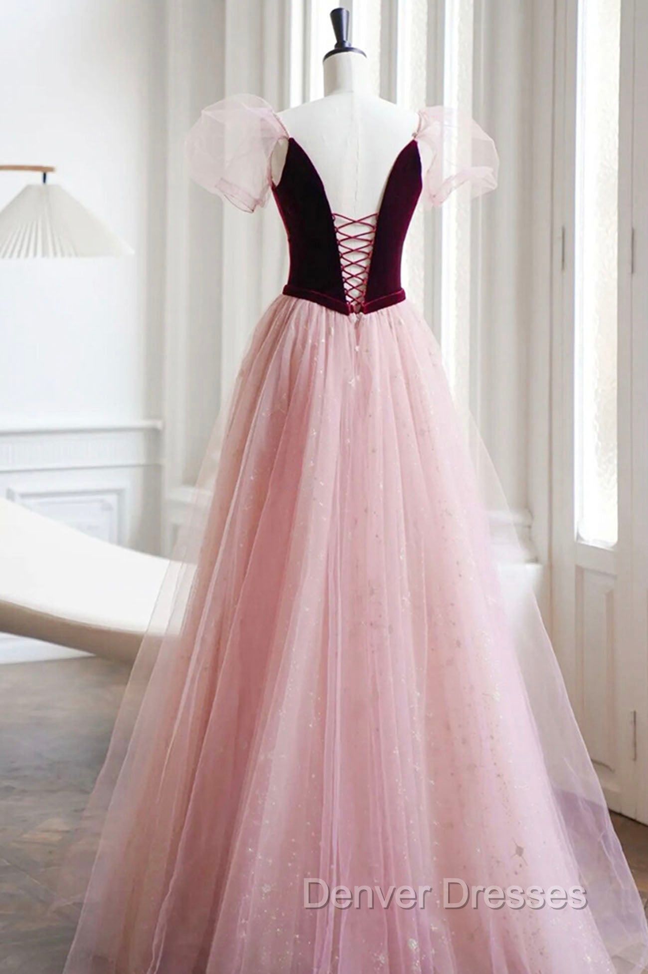 A-Line Velvet Tulle Long Prom Dress, Pink Short Sleeve Formal Evening Dress Secondary image