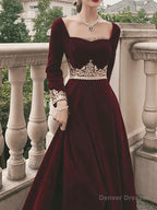 A-Line Vintage Formal Velvet Evening Dress with Appliques,Long Sleeve Dinner Dresses