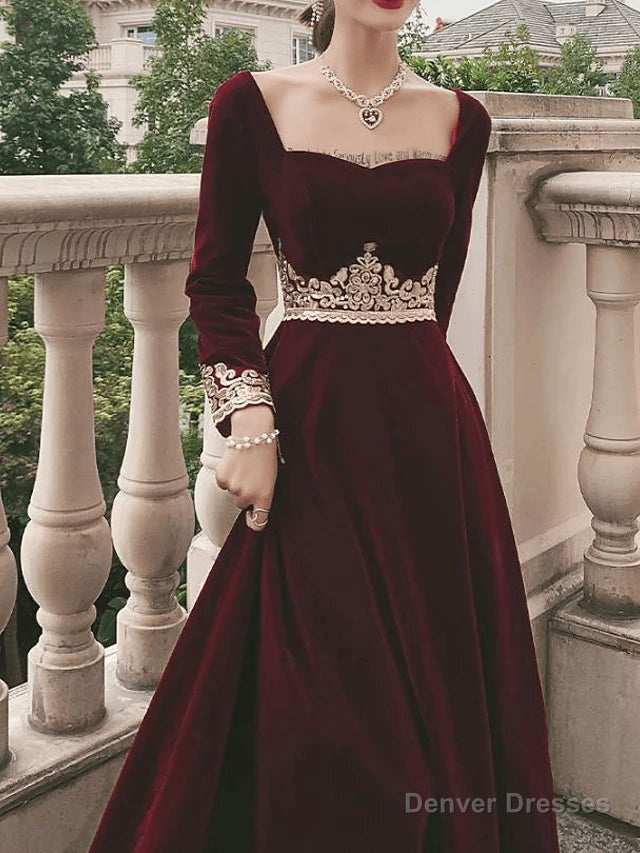 A-Line Vintage Formal Velvet Evening Dress with Appliques,Long Sleeve Dinner Dresses