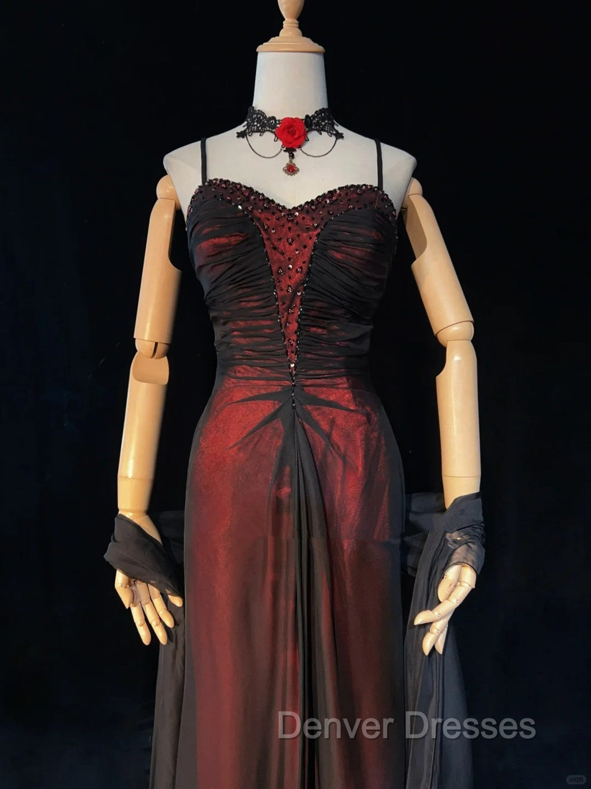 A-line Vintage Style Black and Red Beaded Prom Dress, Black and Red Formal Dress