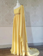 A-Line Wedding Guest Dress Elegant Dress Evening Party Court Train Sleeveless One Shoulder Chiffon With Strappy