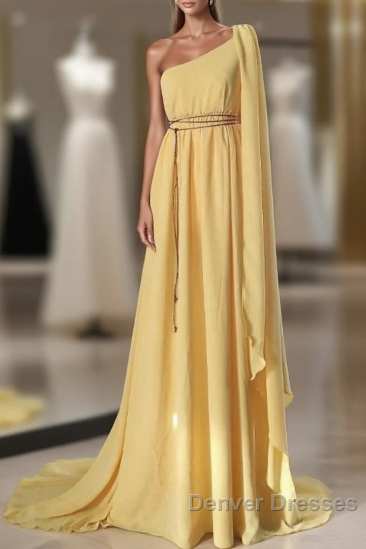 A-Line Wedding Guest Dress Elegant Dress Evening Party Court Train Sleeveless One Shoulder Chiffon With Strappy Main image