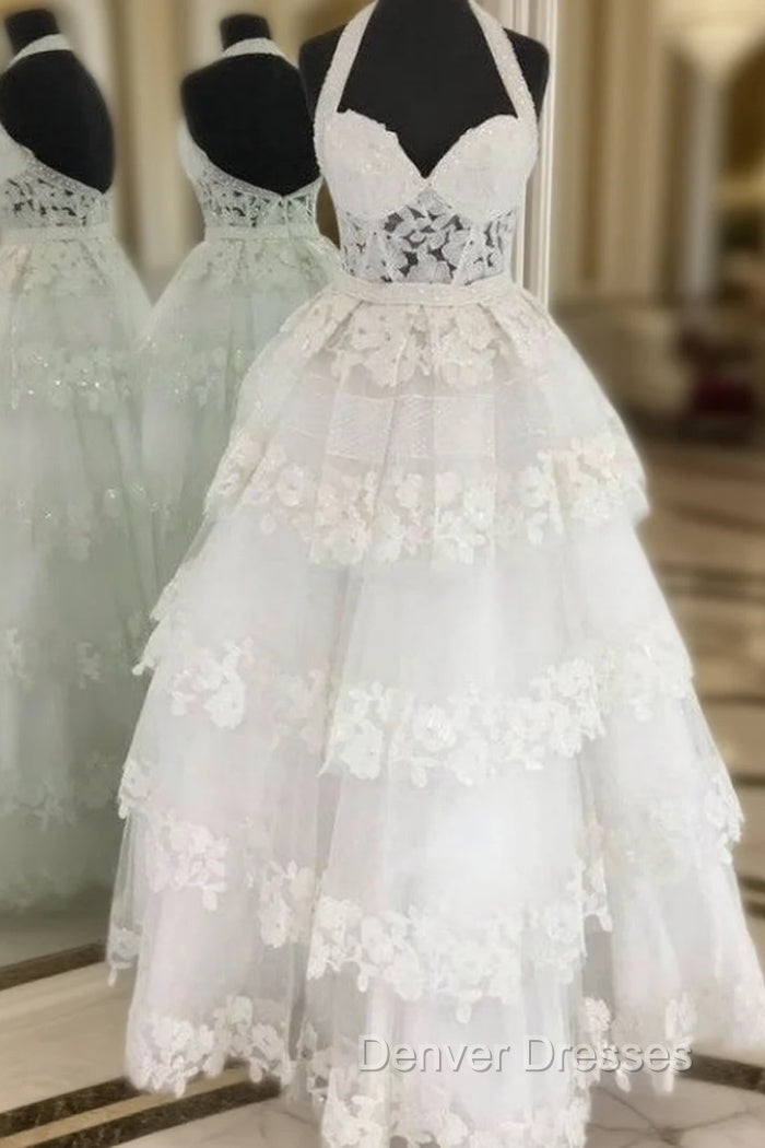 A-Line White Halter Neck Sleeveless With Layers Prom Dress Main image