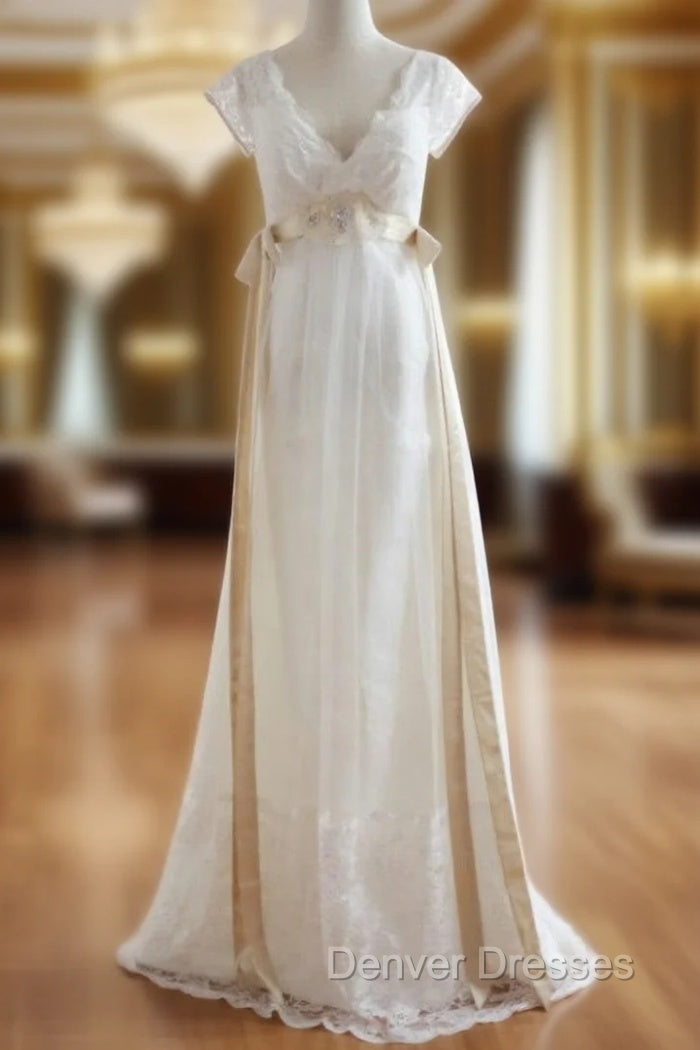 A-Line White Lace Deep V-neck Backless High Waist Wedding Dress Main image