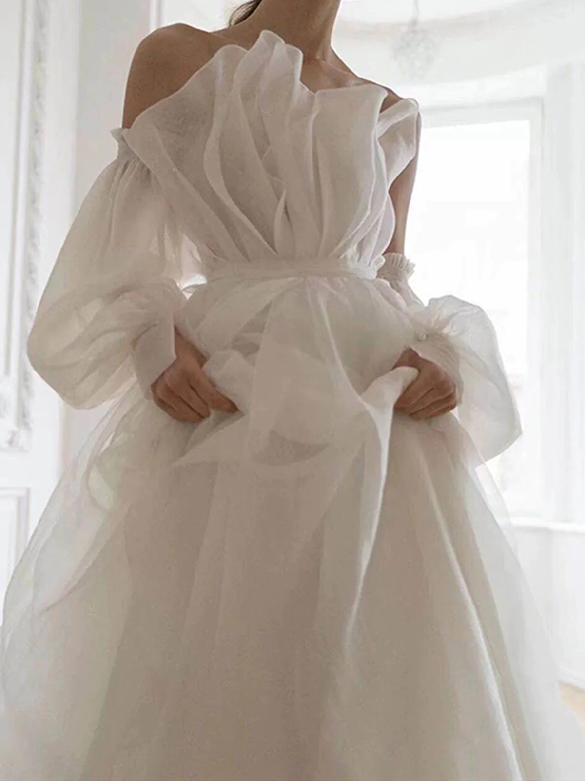 A Line White Long Organza Prom Dress Formal Dress