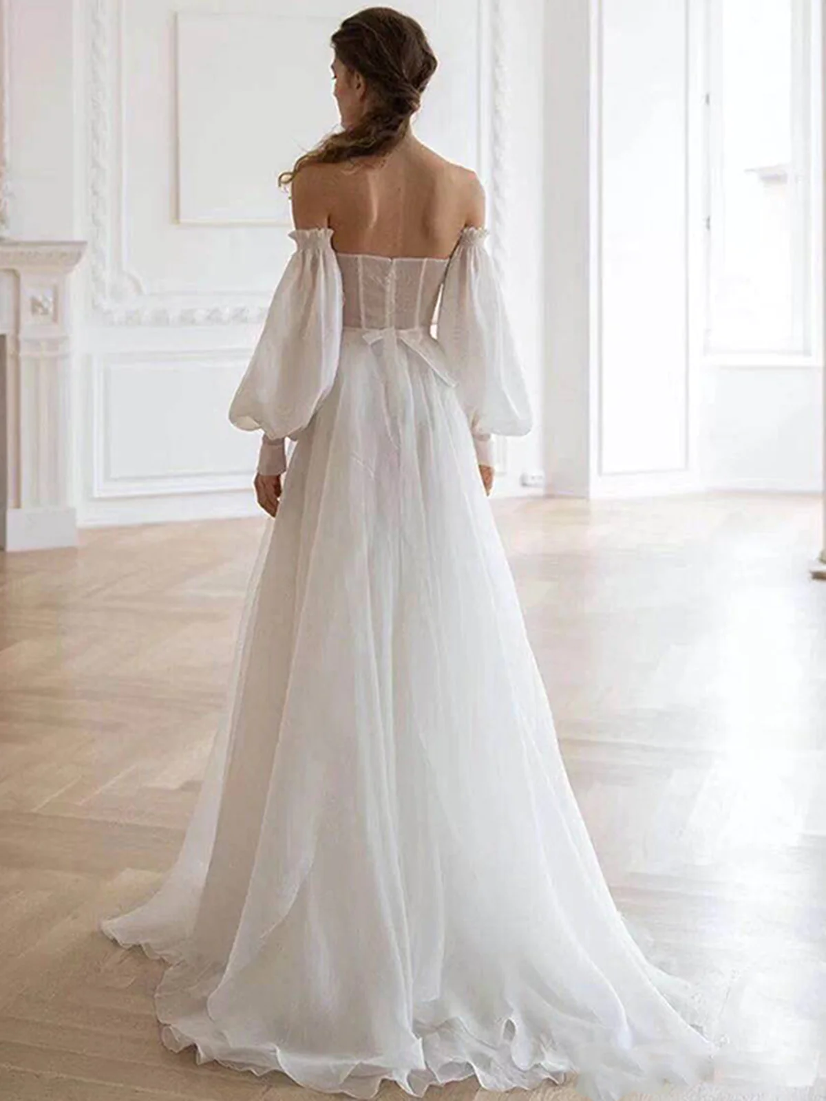 A Line White Long Organza Prom Dress Formal Dress