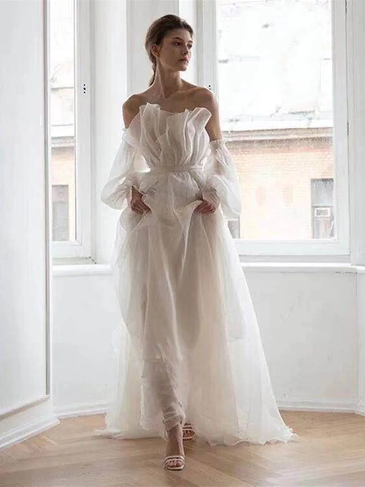 A Line White Long Organza Prom Dress Formal Dress