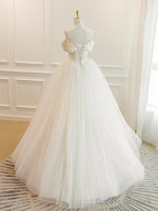 A-Line White Off Shoulder Tulle Long Prom Dress, White Long Formal Dress