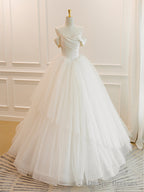 A-Line White Off Shoulder Tulle Long Prom Dress, White Long Formal Dress