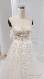 A-Line White Off The Shoulder Wedding Dress With Flower Embroidery Beautiful