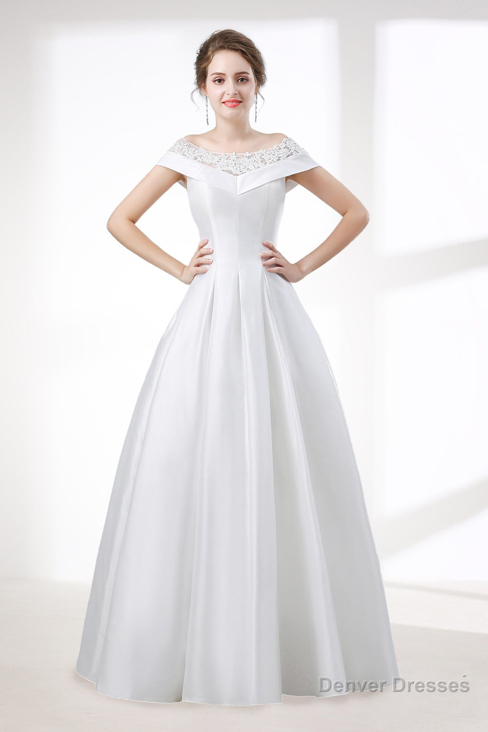 A-Line White Satin Lace Off The Shoulder Wedding Dresses Main image