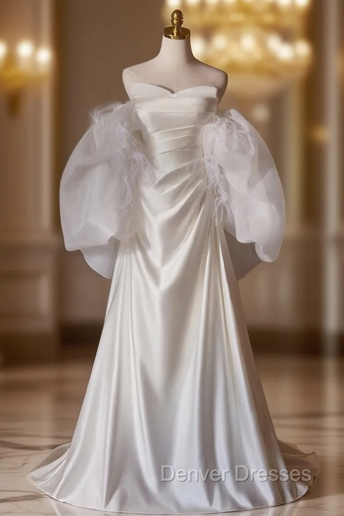 A-line White Satin Pleats Wedding Dress Main image