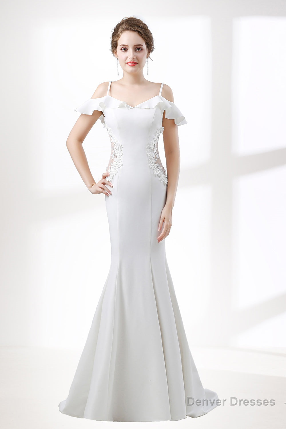 A-Line White Satin Short Sleeve Off the Shoulder Prom Dresses Main image
