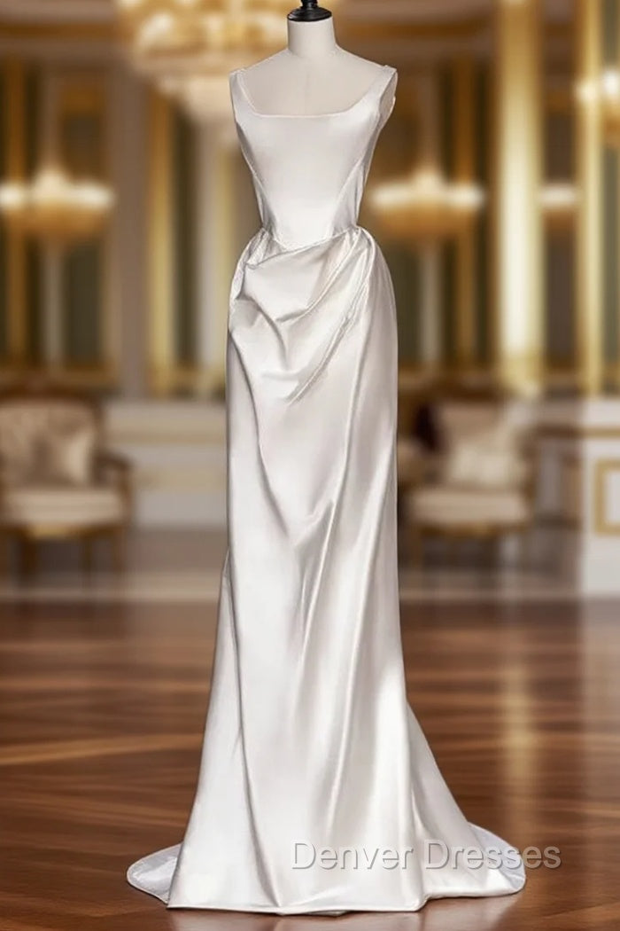 A-line White Satin Straps Wedding Dress Main image