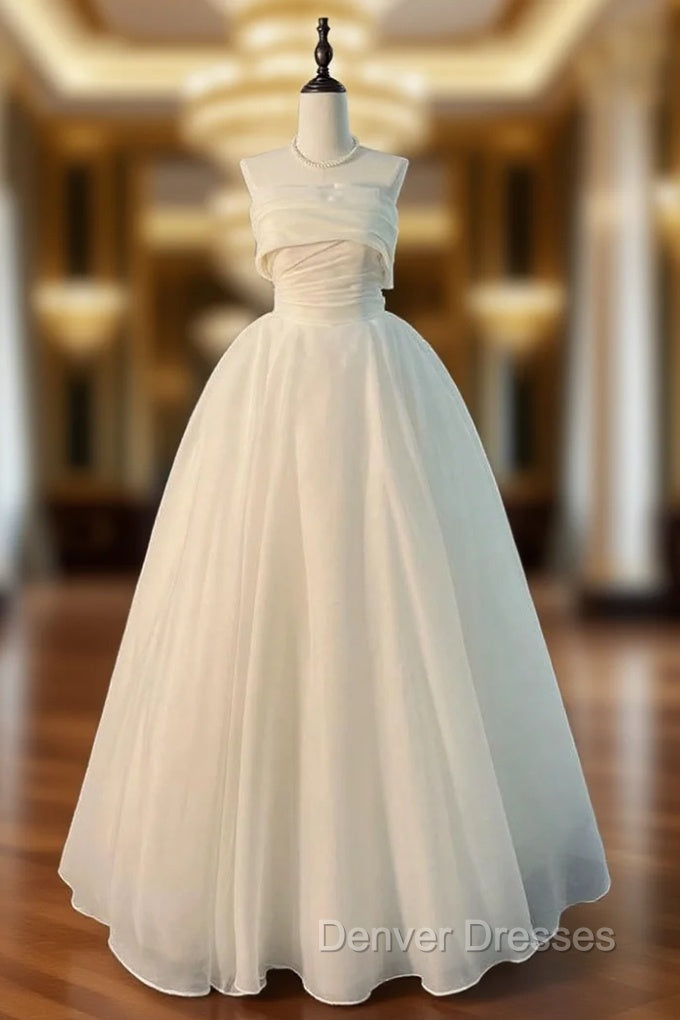 A-Line White Strapless Pleats Wedding Dress Main image