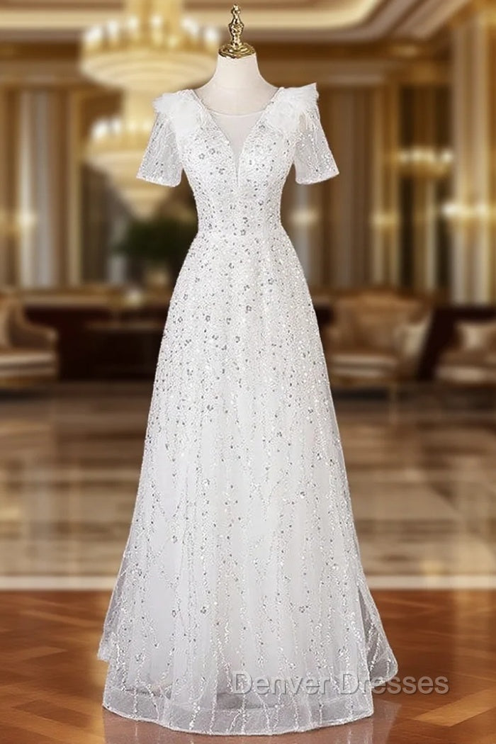 A-Line White Tulle Sequins Short Sleeve Prom Dress