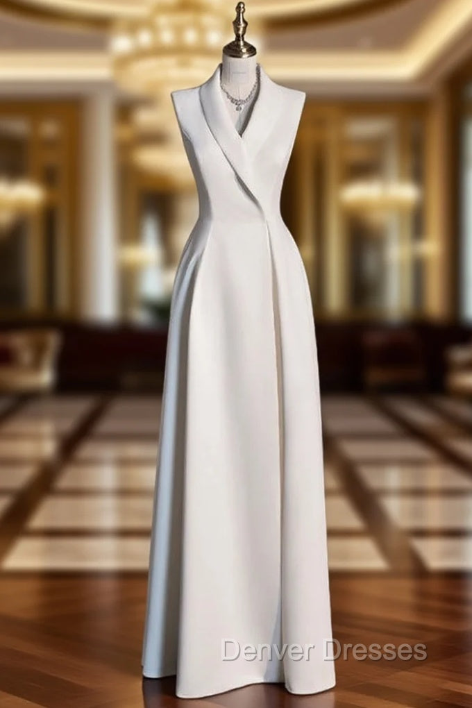 A-Line White V-neck Sleeveless Prom Dress