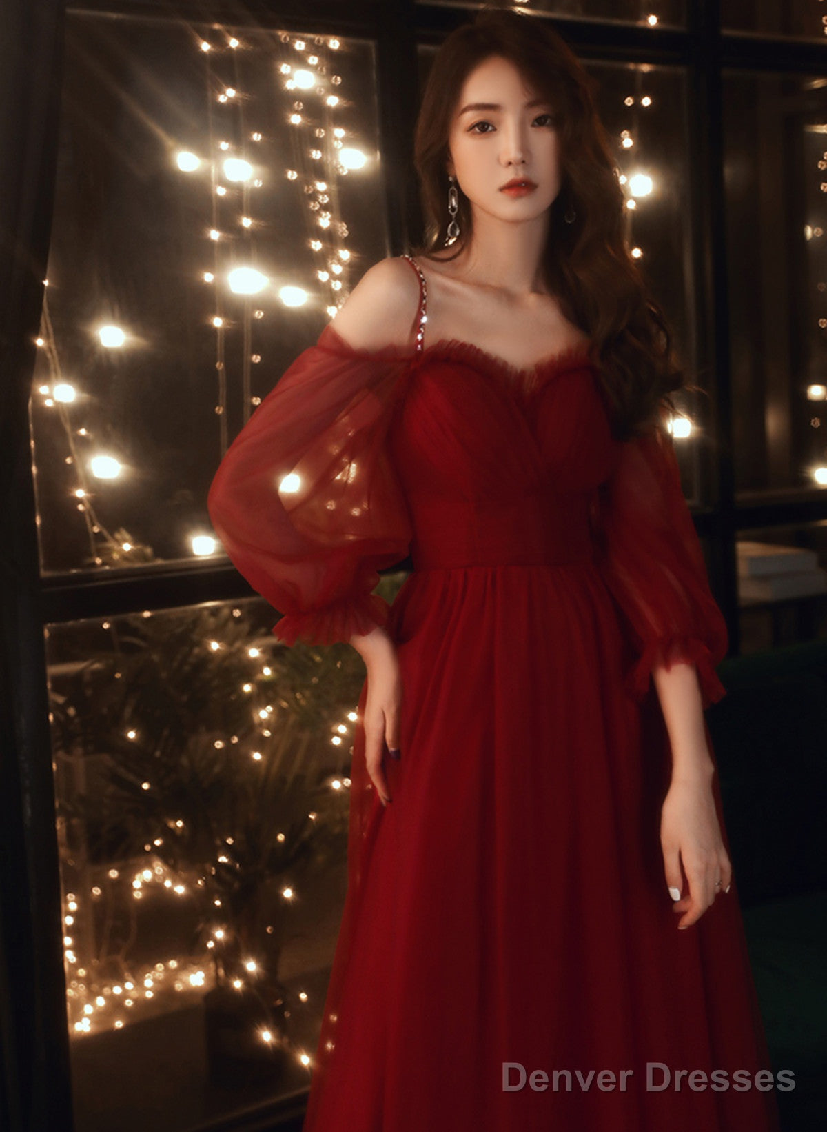 A-Line Wine Red Beaded Straps Tulle Prom Dress, Wine Red Long Evening Dress Secondary image