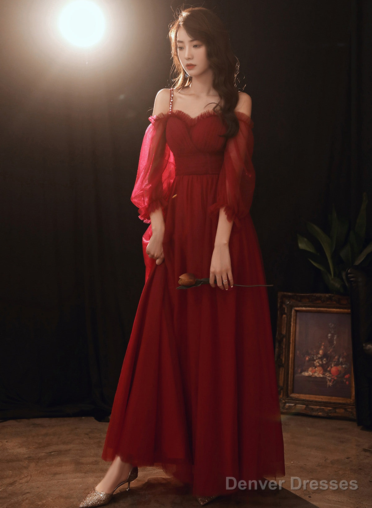 A-Line Wine Red Beaded Straps Tulle Prom Dress, Wine Red Long Evening Dress Main image