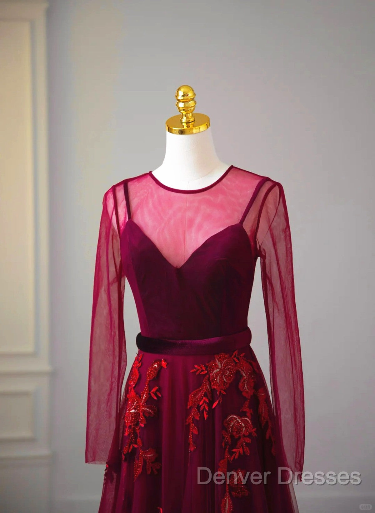 A-Line Wine Red Velvet And Tulle Long Party Dress, Wine Red Evening Dress Prom Dress Secondary image