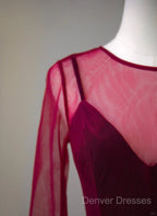 A-Line Wine Red Velvet And Tulle Long Party Dress, Wine Red Evening Dress Prom Dress