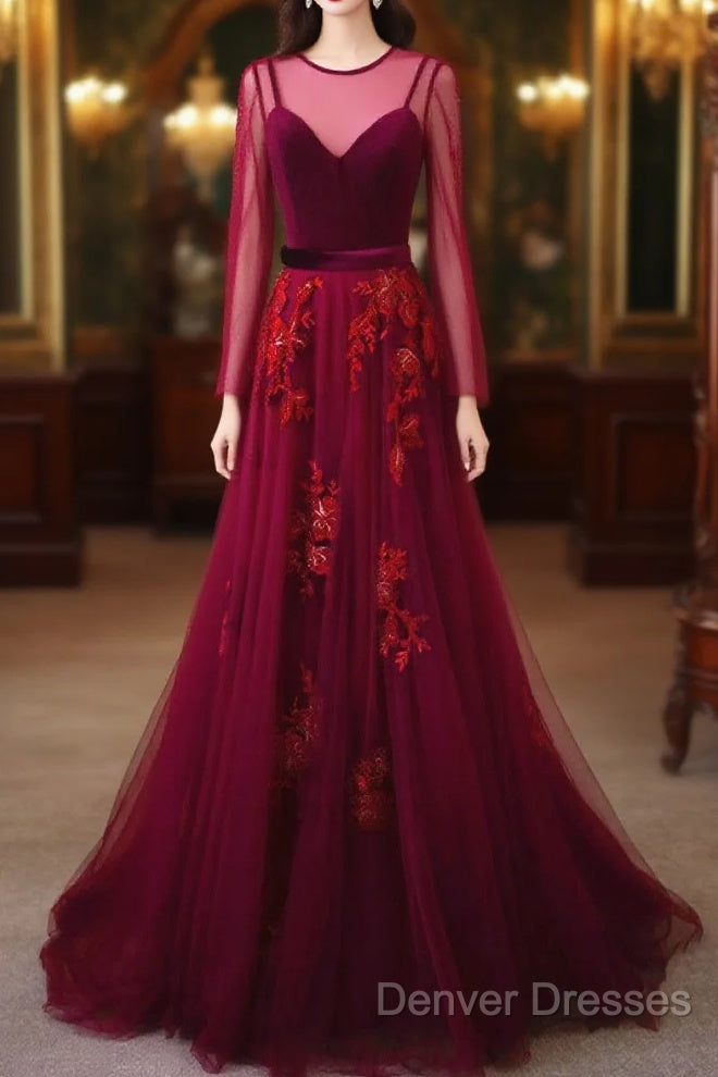 A-Line Wine Red Velvet And Tulle Long Party Dress, Wine Red Evening Dress Prom Dress