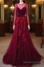 A-Line Wine Red Velvet And Tulle Long Party Dress, Wine Red Evening Dress Prom Dress